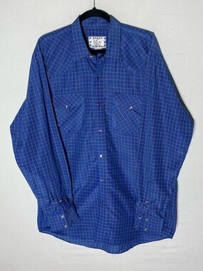 Vintage Crazy Cowboy Blue Plaid Purple Pearl Snap Western Shirt 2XL Stampede
